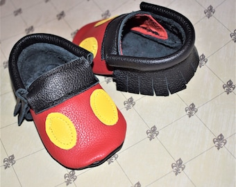 Mickey Moccasins, Black with Yellow & Red Baby Mocassins, Baby Mocassins, Mickey shoes, Baby booties, Mickey Mouse mocassins