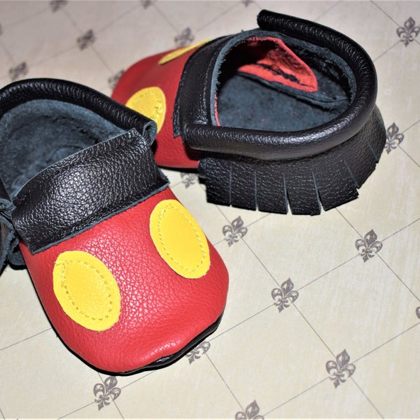 Mickey Moccasins, Black with Yellow & Red Baby Moccasins, Baby Moccasins, Mickey shoes, Baby booties, Mickey Mouse moccasins
