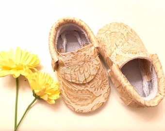 Baby Moccasins, Gold Embossed Baby Moccasins, Floral Baby Moccasins, Gold Embossed Leaves and Flower Moccasins, Fall Baby Moccasins