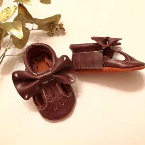 Bow Mary Janes, Burgundy T-strap Bow Moccasins, Burgundy Bow Moccasins, Soft Suede sole