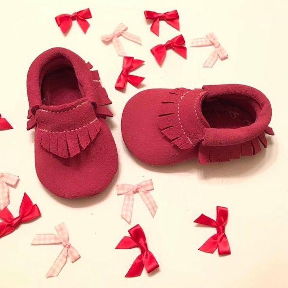 Baby Moccasins, Hot Pink Baby Moccasins, Hot Pink Suede Moccasins, Girls Baby Moccasins, Soft Suede Sole