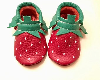 Baby Moccasins, Strawberry Baby Moccasins, Strawberry Baby shoes, Strawberry Party, Genuine Leather