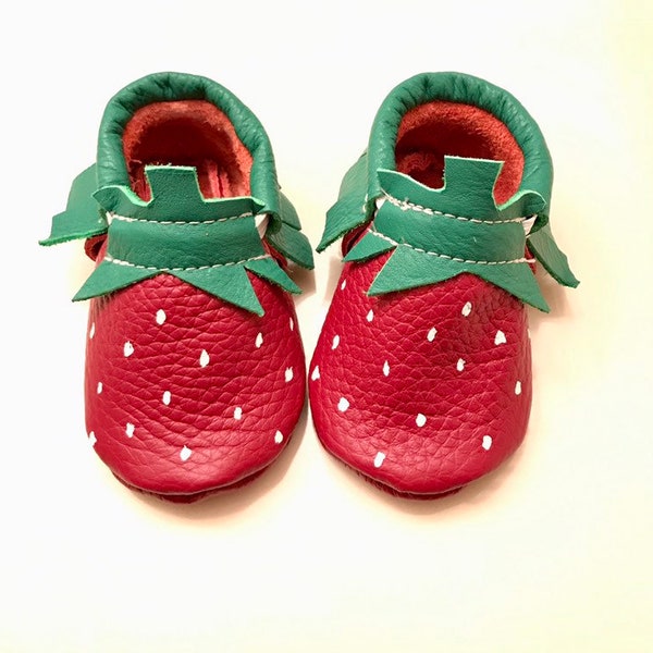 Baby Moccasins, Strawberry Baby Moccasins, Strawberry Baby shoes, Strawberry Party, Genuine Leather