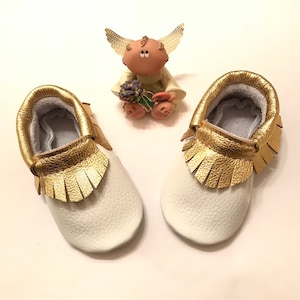 White with Gold fringe Baby Moccasins shoes, Gold Moccasins, White Leather Moccasins, Baby Booties, Baby gift
