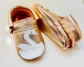 Swan baby moccasins, Rose gold Baby Moccasins, Swan baby shoes