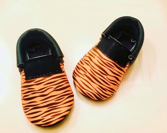 Tiger print Moccs, Tiger print baby moccasins, Tiger print baby shoes