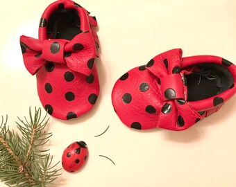 Baby Moccasins, Polka dot Baby Moccasins, Lady Bug Moccasins, Black & Red Baby Moccasins, Baby Gift