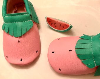 Watermelon Moccasins, Leather Watermelon Baby Moccasins,  Baby Gift, Baby shower gift, Summer Moccasins