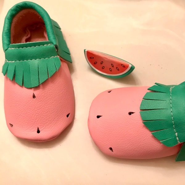 Watermelon Moccasins, Leather Watermelon Baby Moccasins,  Baby Gift, Baby shower gift, Summer Moccasins