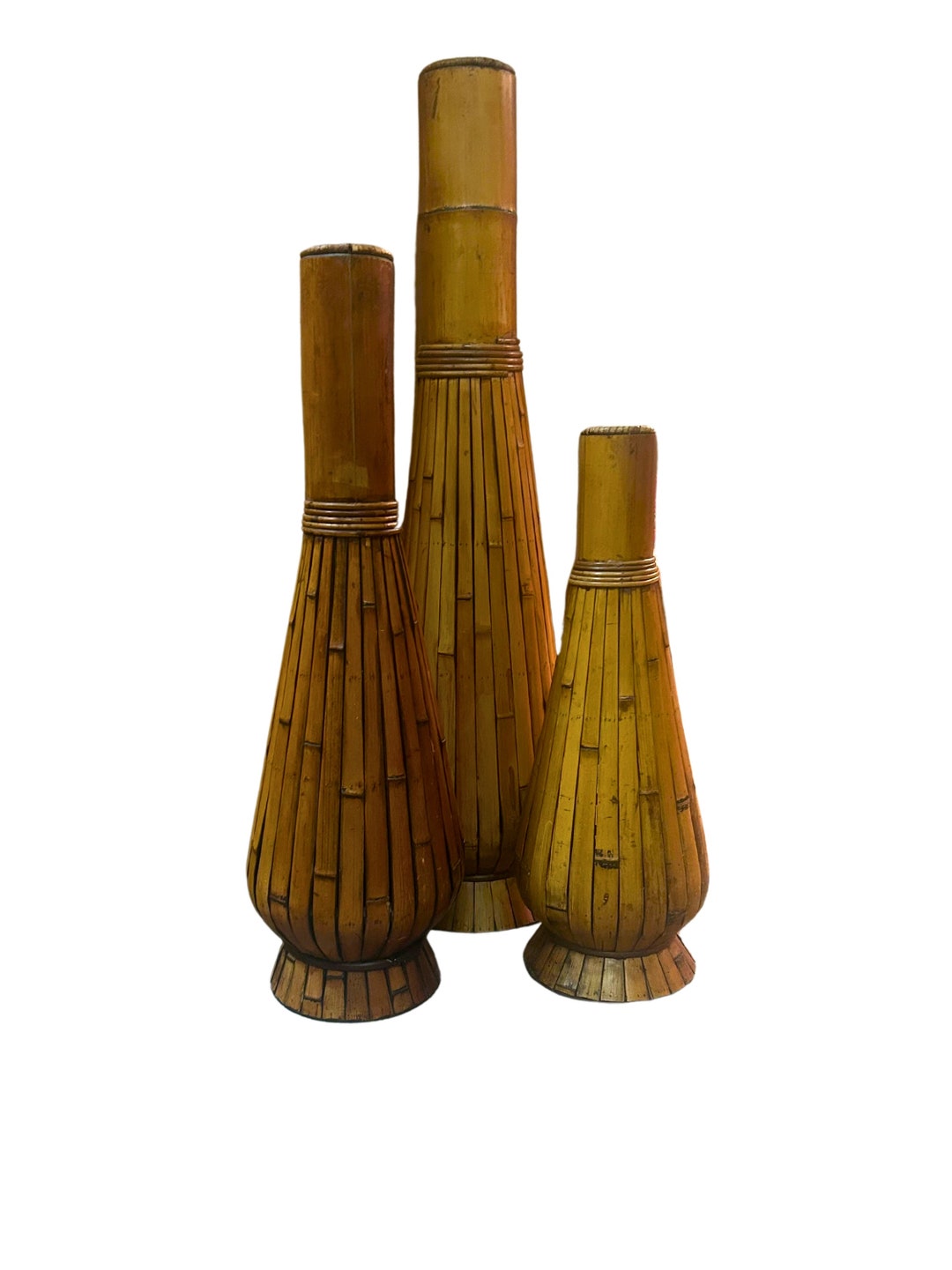 Set of 3 Vintage Bamboo Woven Large Floor Vasesboho Chic Decor Etsy