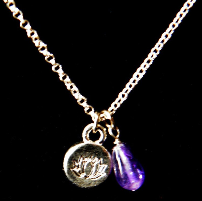 Amethyst teardrop necklace Birthstone Necklace Amethyst Lotus Necklace Amethyst Necklace Lotus Charm Necklace