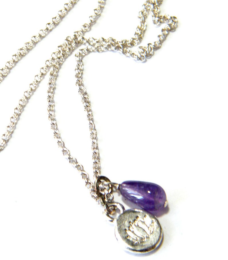 Amethyst teardrop necklace Birthstone Necklace Amethyst Lotus Necklace Amethyst Necklace Lotus Charm Necklace