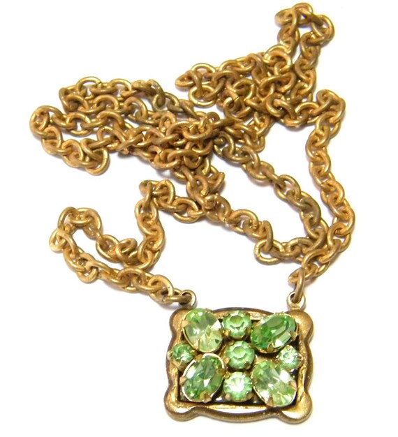 Rhinestone Pendant Necklace Green Necklace Gold Pendant Etsy