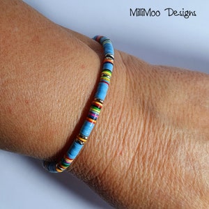 Mens Gift, African Vinyl Disc Skinny Bracelet, Mens Bracelet,Turquoise Mens Bracelet,Kenyan Silver Heishi Beads,Rainbow,Boho,Beach,Surf,Disc image 6