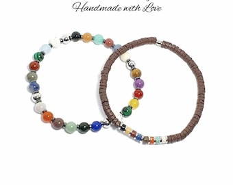 Mens Mixed Gemstone Bracelet: Lava Stone & Heishi Stack