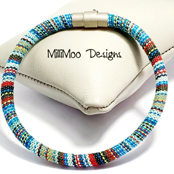 Mens Gift, MensTurquoise Mix Ethnic Tribal Bracelet, Men Tribal Bracelet,Men Cuff,Cotton Ethnic Cord,Magnetic Bracelet,Aztec Design,Boho,Eco