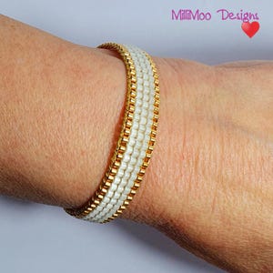 Miyuki Seed Bead Loom Bracelet: White & Gold Stacking Bracelet