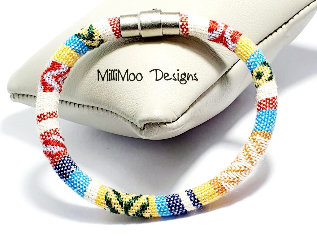 Mens Cherokee Bracelet: White/Blue Ethnic Cotton Cord Cuff with Magnetic Clasp