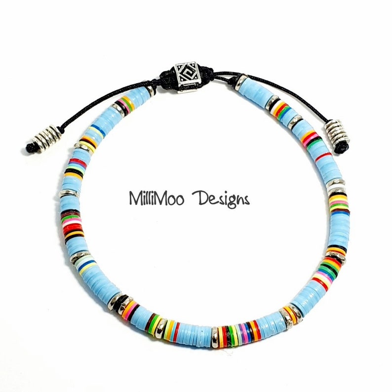 Mens Gift, African Vinyl Disc Skinny Bracelet, Mens Bracelet,Turquoise Mens Bracelet,Kenyan Silver Heishi Beads,Rainbow,Boho,Beach,Surf,Disc image 2