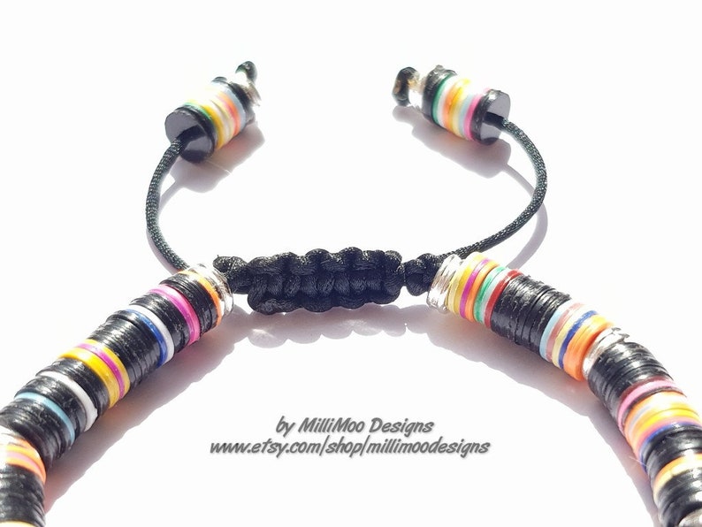 NEW MensUnisex Boho Characterful Friendship bracelet with African vinyl and silver Heishi Beads on Black Cord with pull clasp fastening