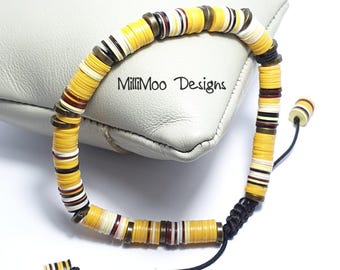 Mens Boho African Vinyl Heishi Bracelet: African Disc Beads, Bronze Accents