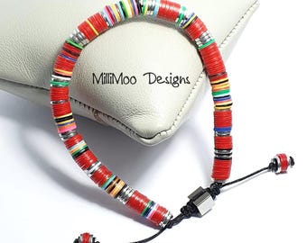Mens African Vinyl Disc Bracelet: Red Rainbow Heishi Bead Boho Bracelet