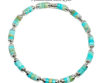 Mens Turquoise Imperial Jasper Bracelet: Hematite & Stainless Steel Boho Bead