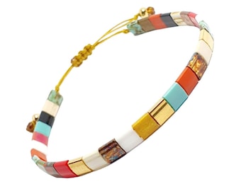 Rainbow Tila Bead Bracelet: 24k Gold Accents, Adjustable Friendship Design
