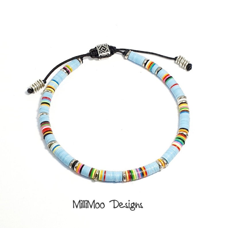 Mens Gift, African Vinyl Disc Skinny Bracelet, Mens Bracelet,Turquoise Mens Bracelet,Kenyan Silver Heishi Beads,Rainbow,Boho,Beach,Surf,Disc image 1