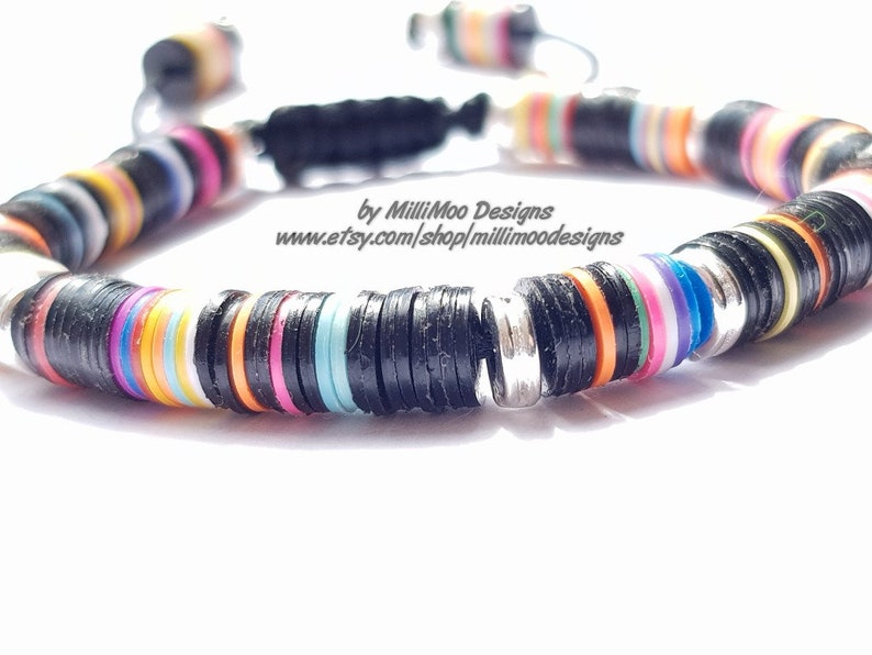 NEW MensUnisex Boho Characterful Friendship bracelet with African vinyl and silver Heishi Beads on Black Cord with pull clasp fastening