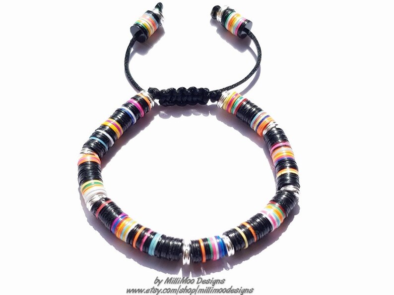 NEW MensUnisex Boho Characterful Friendship bracelet with African vinyl and silver Heishi Beads on Black Cord with pull clasp fastening