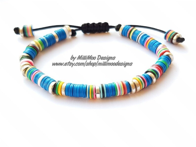 NEW MensUnisex Boho Characterful Friendship bracelet with African vinyl and silver Heishi Beads on Black Cord with pull clasp fastening