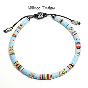 Mens Gift, African Vinyl Disc Skinny Bracelet, Mens Bracelet,Turquoise Mens Bracelet,Kenyan Silver Heishi Beads,Rainbow,Boho,Beach,Surf,Disc image 4