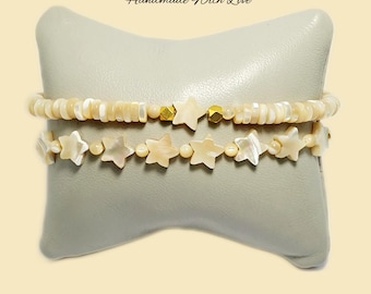 Ladies Beige Mother of Pearl Star Bracelet: Shell Bead Bracelet Set