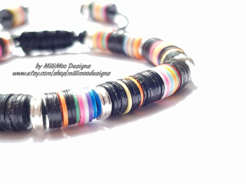 NEW MensUnisex Boho Characterful Friendship bracelet with African vinyl and silver Heishi Beads on Black Cord with pull clasp fastening