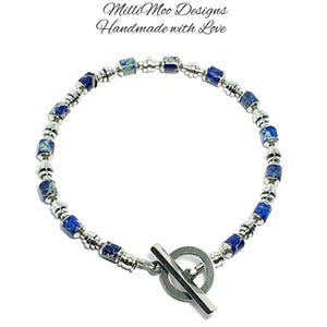 Mens Blue Sea Sediment Jasper Bracelet: Stainless Steel Toggle Clasp, Boho Surf Style