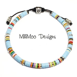 Mens Gift, African Vinyl Disc Skinny Bracelet, Mens Bracelet,Turquoise Mens Bracelet,Kenyan Silver Heishi Beads,Rainbow,Boho,Beach,Surf,Disc image 3