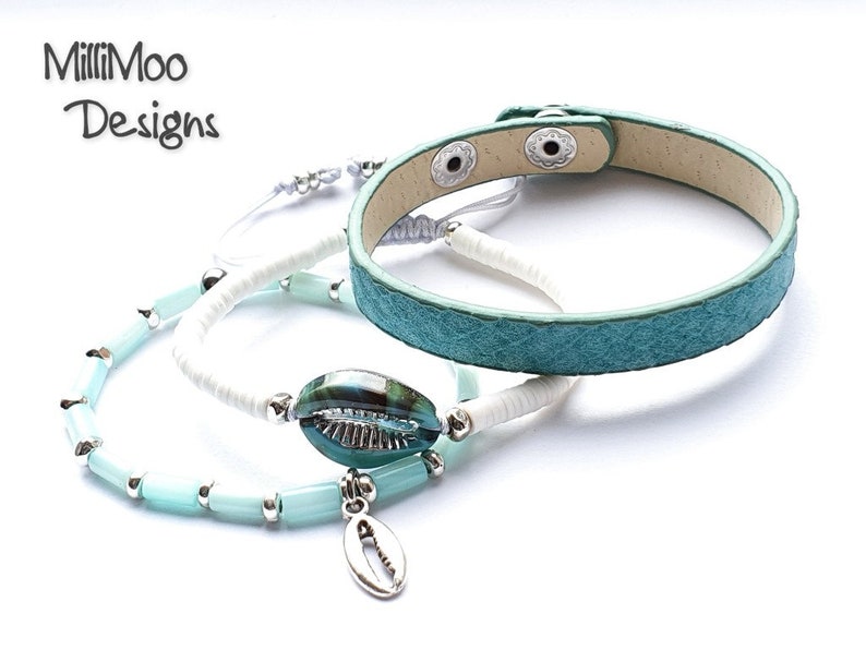 Ladies Boho Turquoise Cowrie Shell Stacking Bracelet Set,Shell beads,Heishi Beads,Faux Leather,Silver Bracelet,Green,Beach,Stack,Vinyl Beads