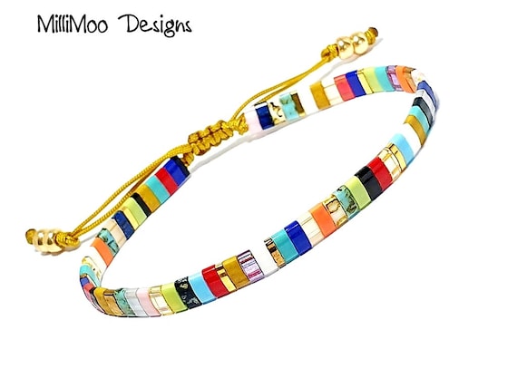 Rainbow Miyuki Tila Bead Bracelet: 24k Gold Plated Boho Stacking Bracelet
