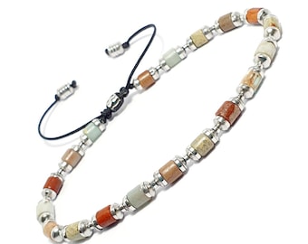 Mens Jasper Beaded Bracelet: Hematite & Stainless Steel, Boho Friendship Style