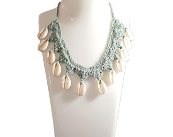 Blue Crochet Cowrie Shell Choker: Boho Beach Necklace