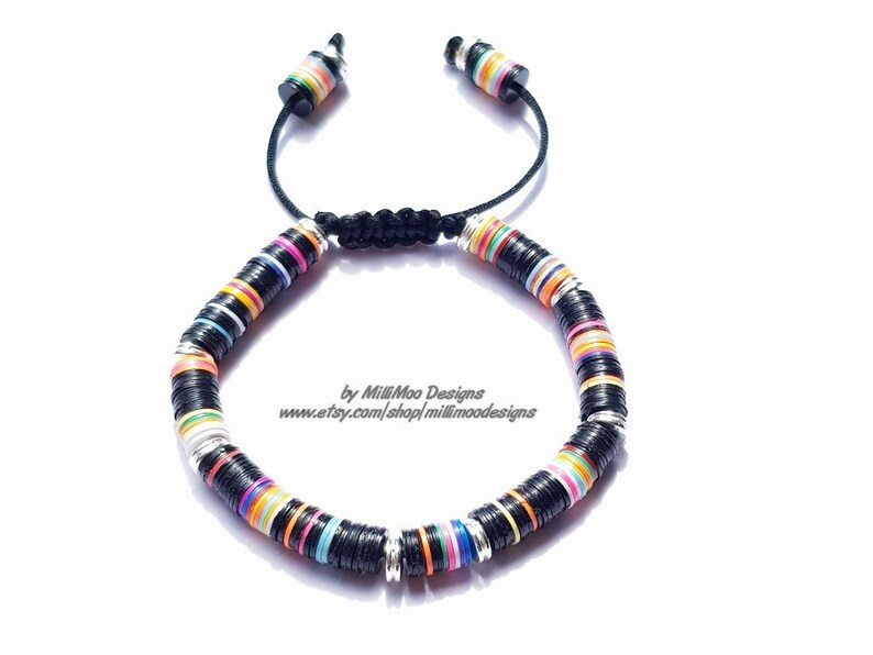 NEW MensUnisex Boho Characterful Friendship bracelet with African vinyl and silver Heishi Beads on Black Cord with pull clasp fastening