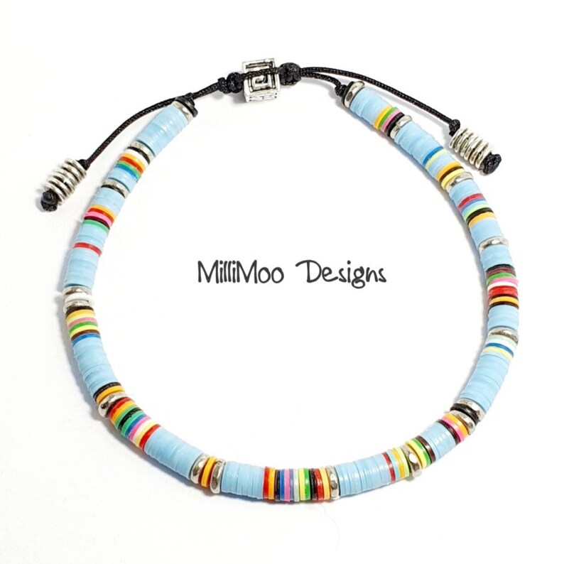 Mens Gift, African Vinyl Disc Skinny Bracelet, Mens Bracelet,Turquoise Mens Bracelet,Kenyan Silver Heishi Beads,Rainbow,Boho,Beach,Surf,Disc image 10