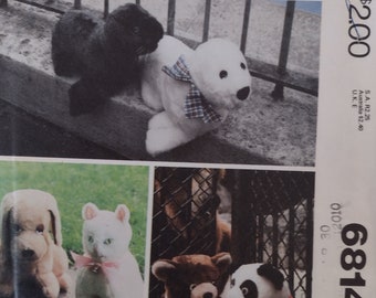 McCall's #6814 Vintage Sewing Pattern to Make Stuffed Animals, Bear, Panda, Seal, Dog and Cat