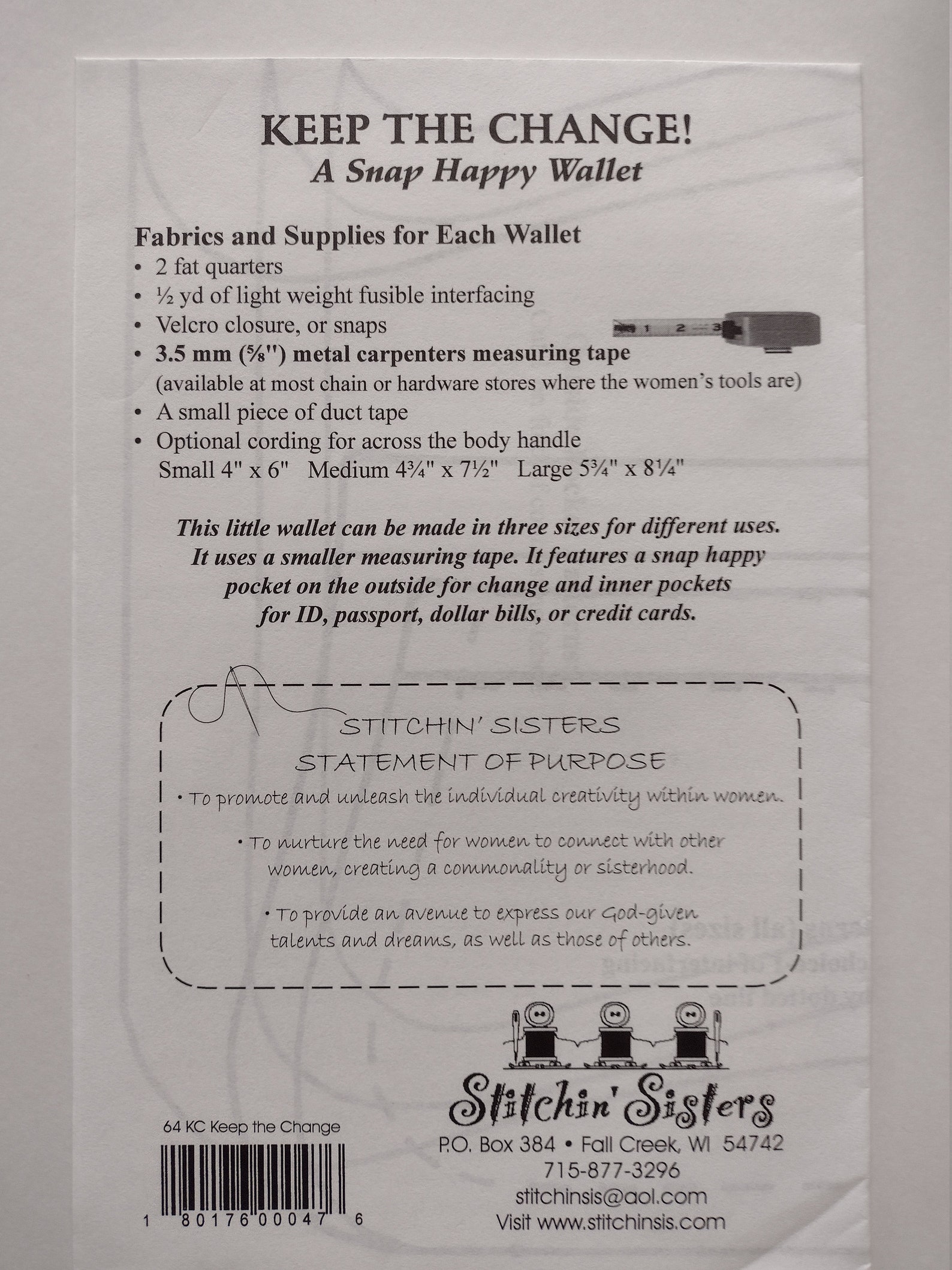 Keep the Change Sewing Pattern by Stichin' Sisters to Make 3 Sizes of