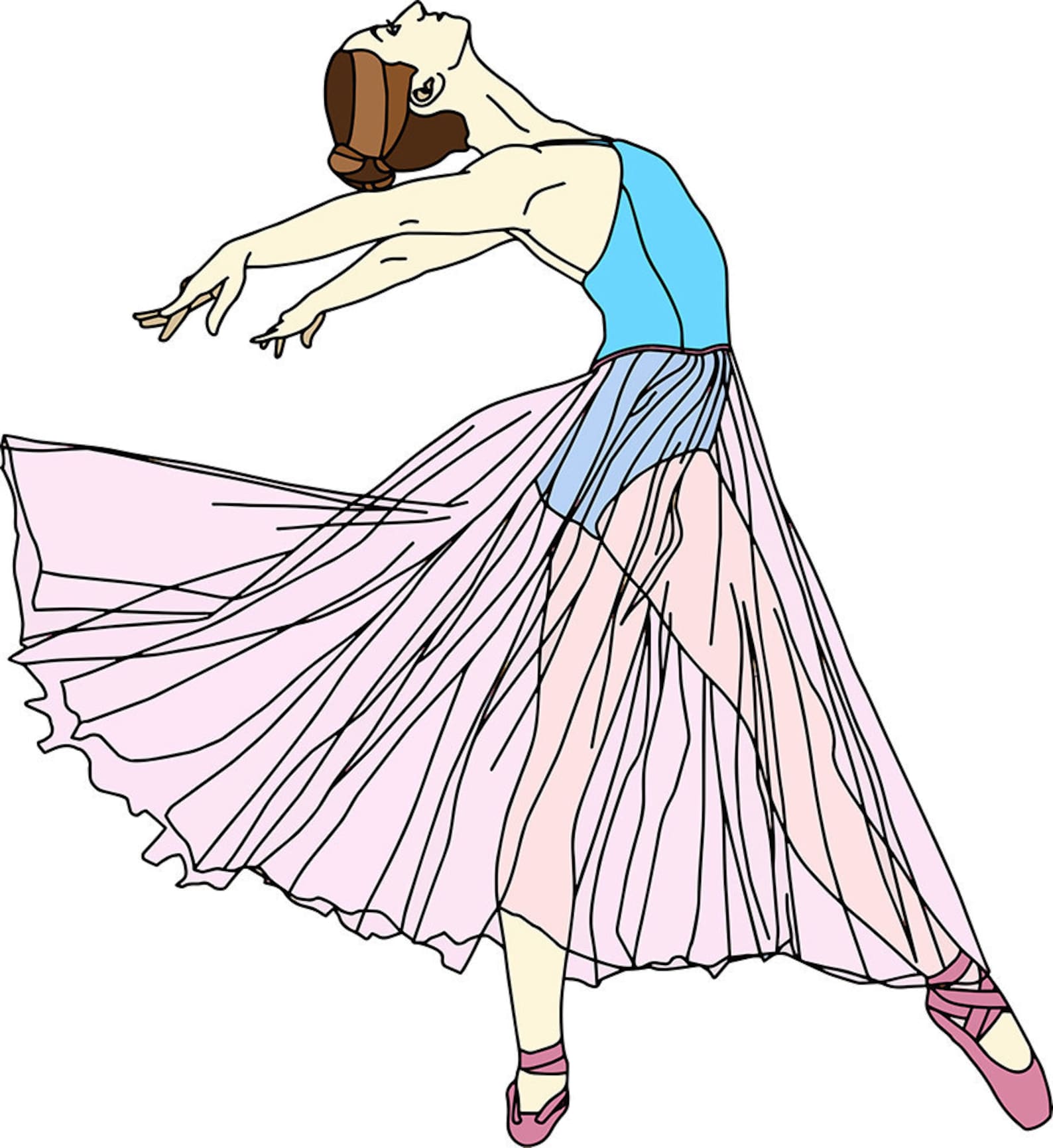 ballerina dancer vector art illustration pvc board print blue leotard pink shoe skirt bun ballet modern contemporary dance grace