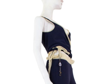 Jean Paul GAULTIER midnight blue set, pants, wrap and jewelry, silk lining, rare/ vintage 90s / S-M / Gaultier