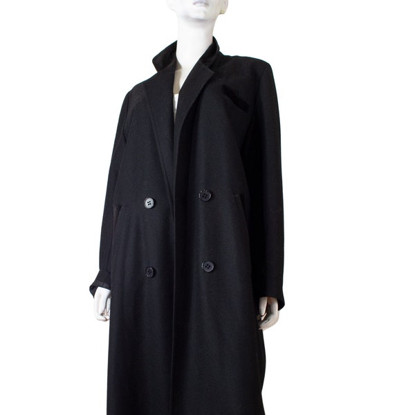 Manteau long draps de laine et velours noir, masculin-féminin / vintage 50-60s / M-L / Germaine Delamer