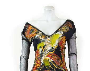 Czarny top Jean Paul Gaultier z abstrakcyjnymi wzorami i rękawami z siateczki / lata 90. / 36-38 S-M / Gaultier