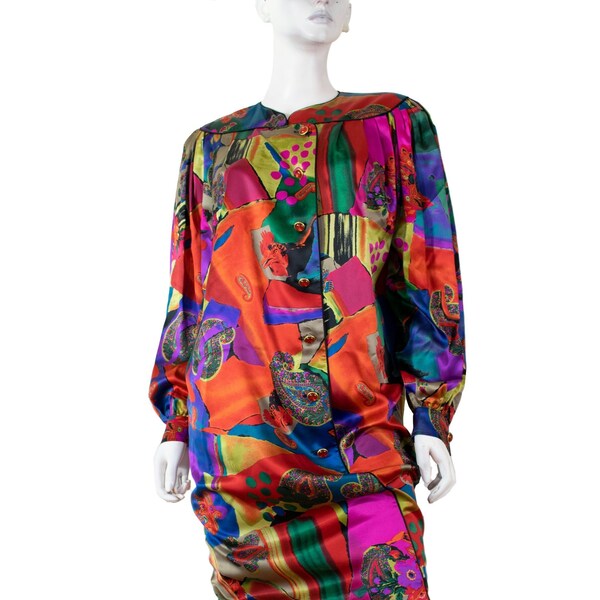 Robe Emmanuel UNGARO satin de soie, motifs géométriques et animalier / vintage 90s / M - 8US / Ungaro